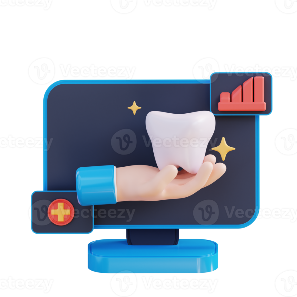 3d illustration monitor showing hand holding teeth png