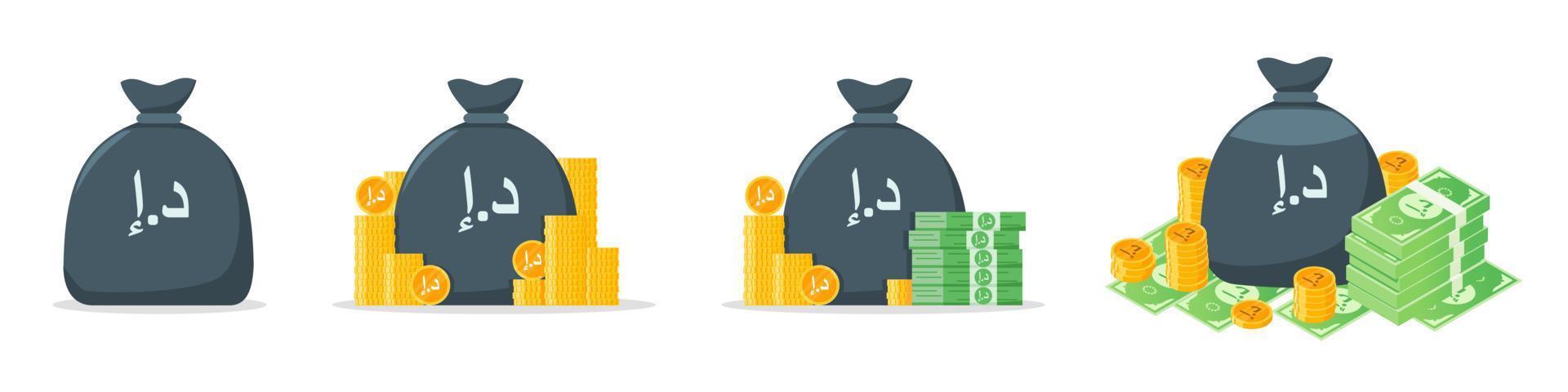 United Arab Emirates Dirham Money Bag Icon Set vector