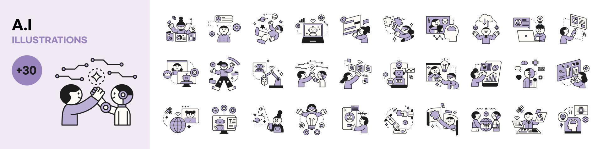 The Age of AI. Intelligence Meets Technology. Get information from Ai, do business, and illustration. mega set. vector