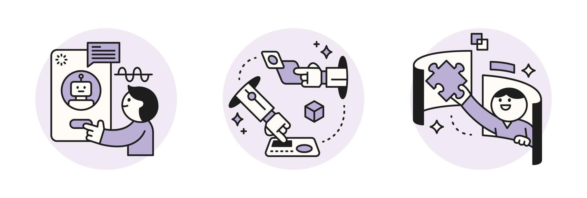 The Age of AI. Intelligence Meets Technology. Business concept illustration with people and icons. A robot hand sharing data and a data puzzle. vector