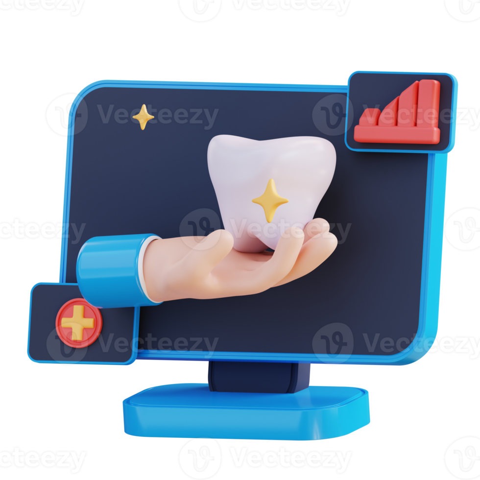 3d illustration monitor showing hand holding teeth png
