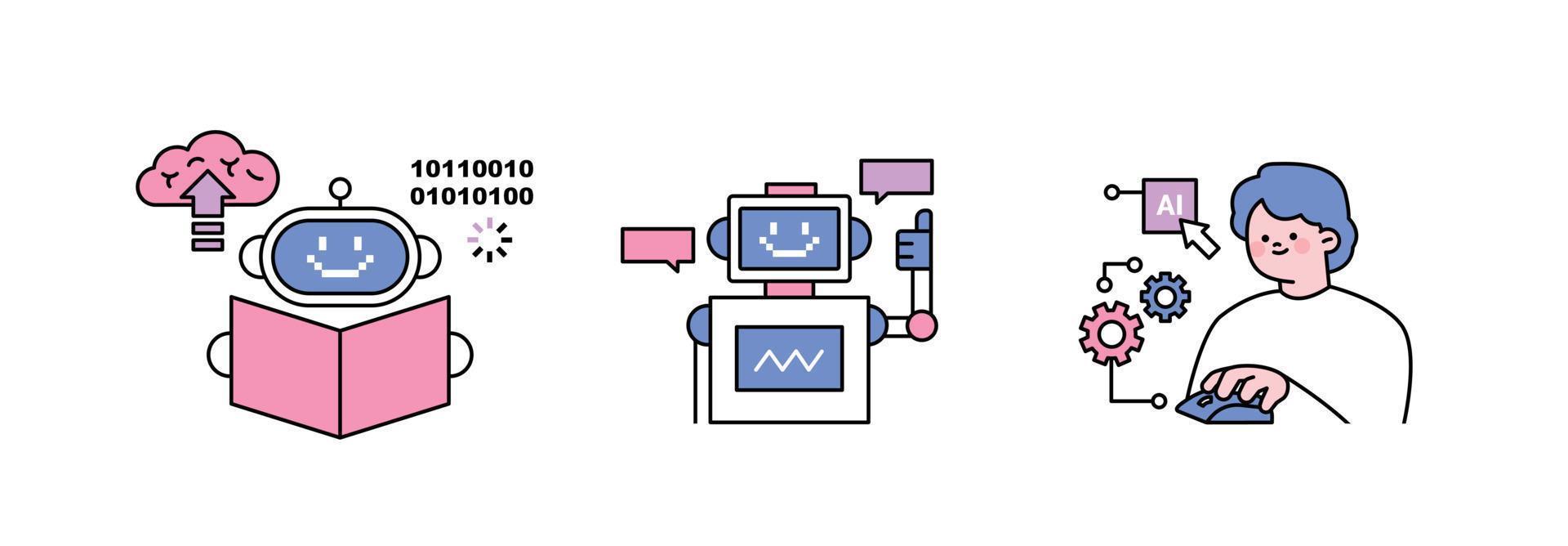 el años de ai. inteligencia Satisface tecnología. negocio concepto ilustración con personas y iconos aprendizaje y comunicación mediante libros. vector