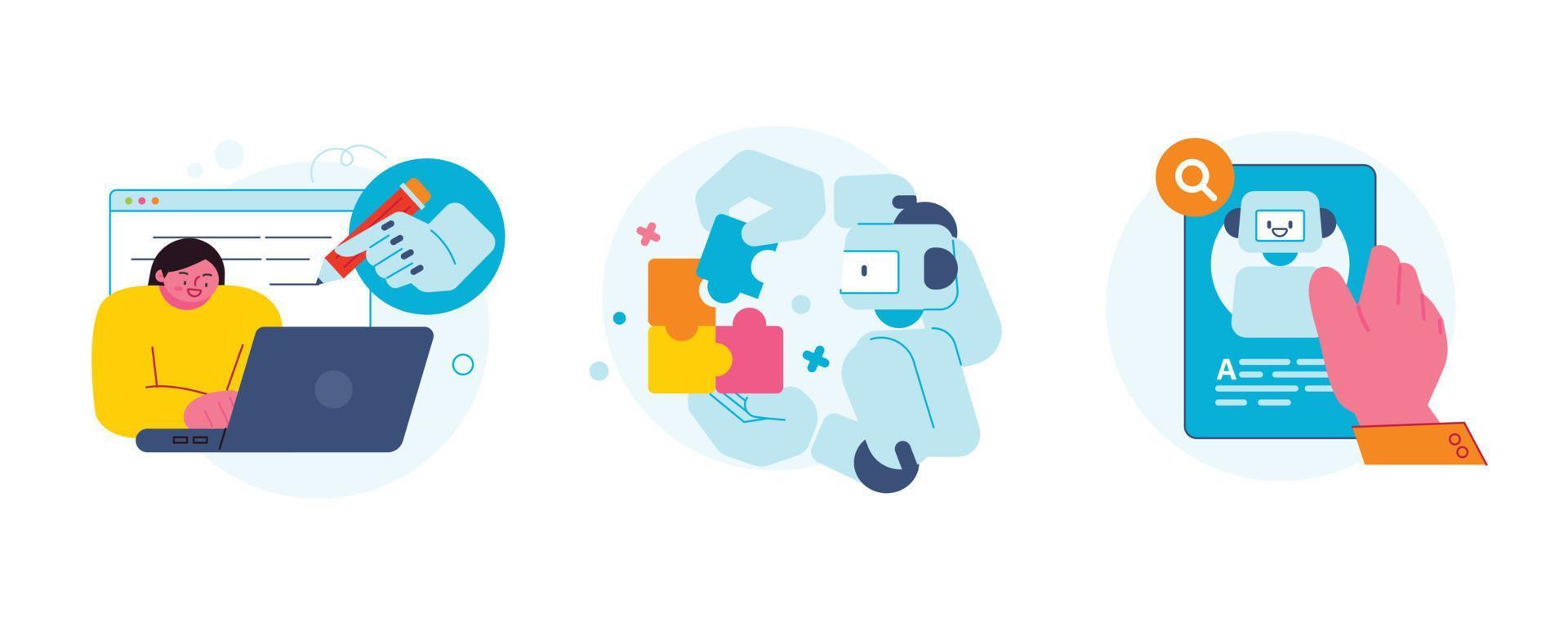 The Age of AI. Intelligence Meets Technology. Business concept illustration with people and icons. A robot that writes down search results and a robot that puts together puzzles. vector