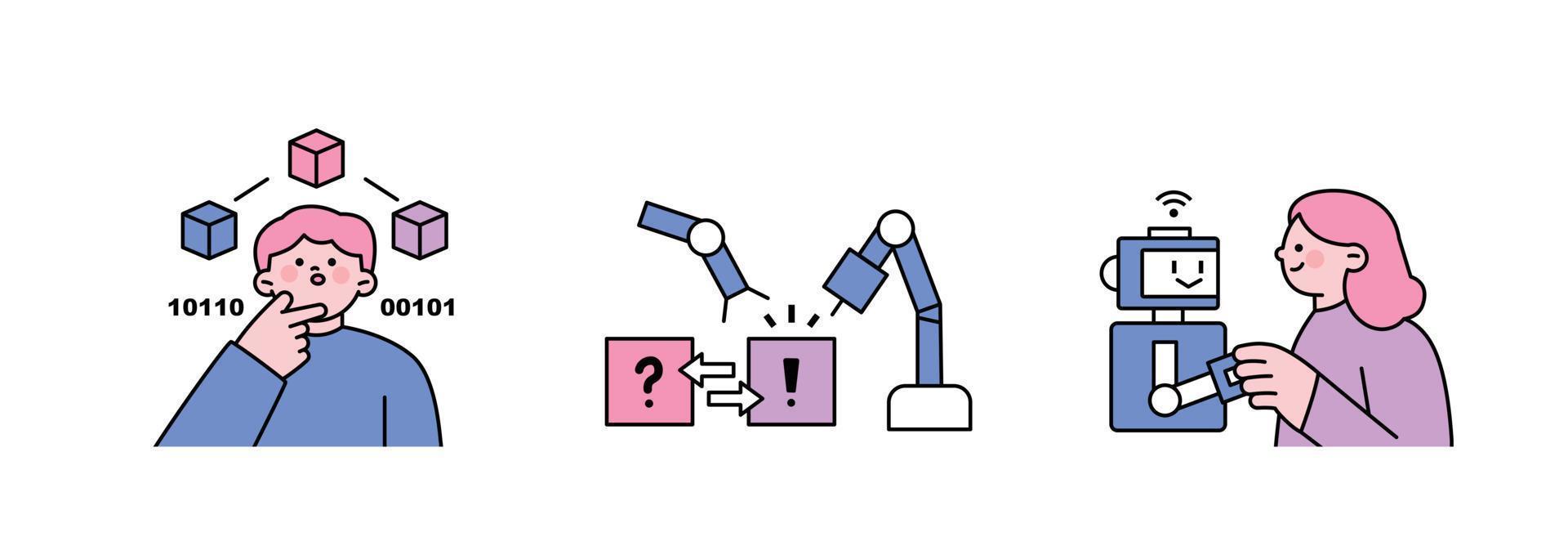 The Age of AI. Intelligence Meets Technology. Business concept illustration with people and icons. Thinking algorithms, working with robots vector