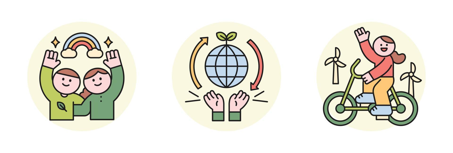 Activities for environmental protection. rainbow and people. hands protecting the earth. People riding bicycles to be eco-friendly. vector