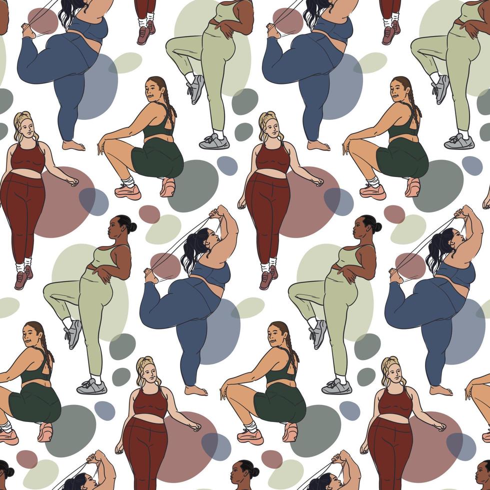 A pattern with beautiful different plump women in tracksuits. Contour with color in different angles of a large woman with spots on the background. Bodypositive female body. Printing on paper vector