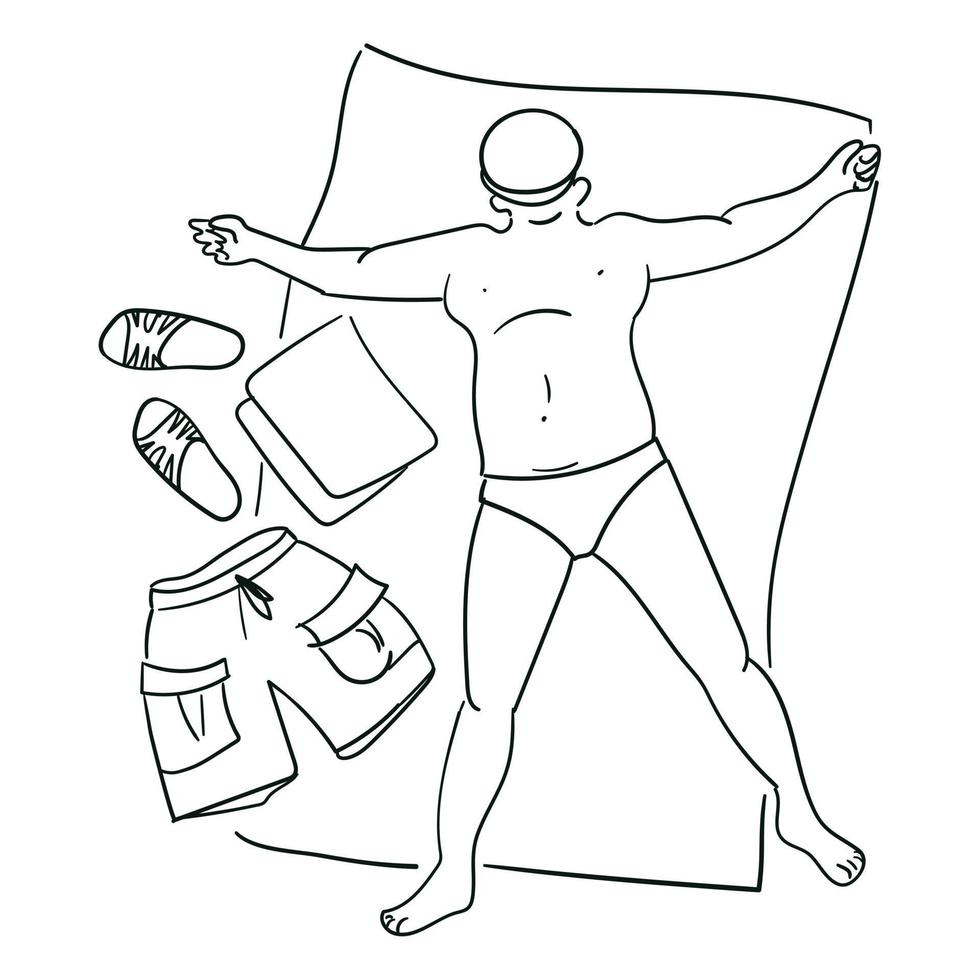 Beach vibe, pot-bellied man sunbathing in the sun. Vector design of a summer poster in a simple style. Contour illustration in the form of a sketch of a mature man sunbathing on the sand