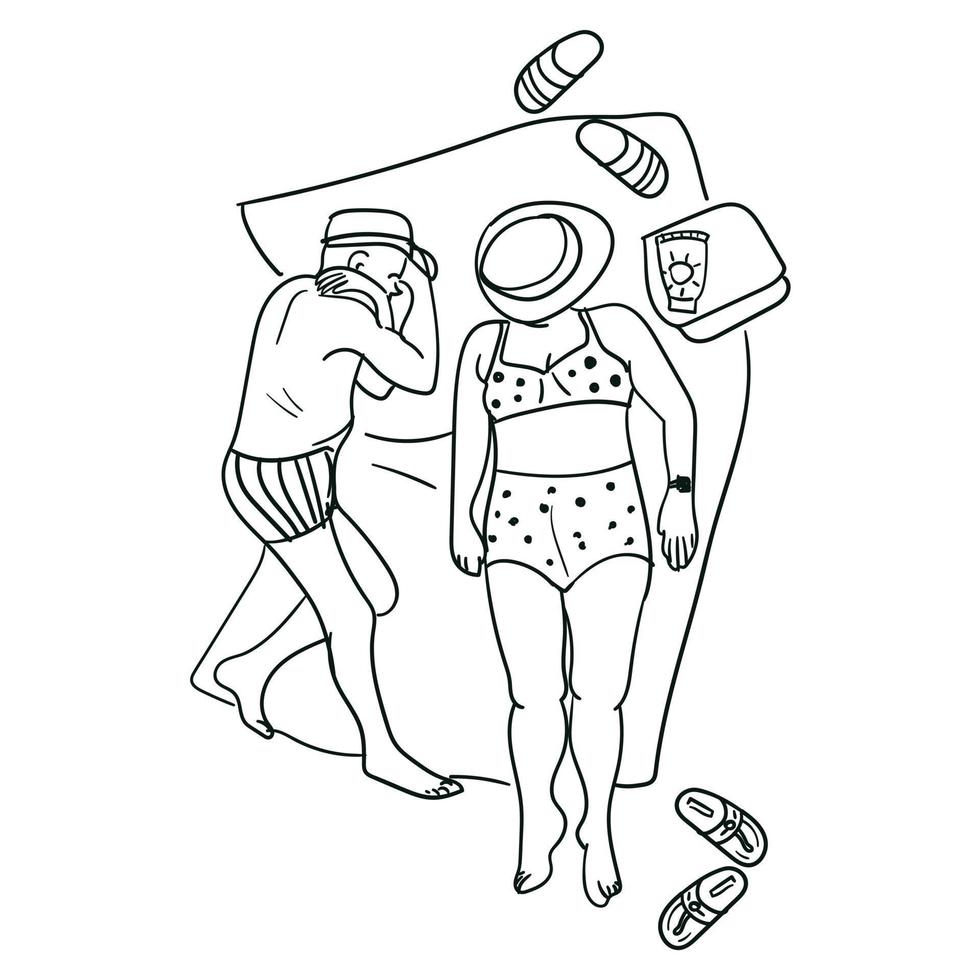 playa atmósfera, un adulto Pareja acostado en el Dom. vector diseño de un verano póster en un sencillo estilo. contorno ilustración representando un Pareja de mayor broncearse en el arena impresión bandera y volantes