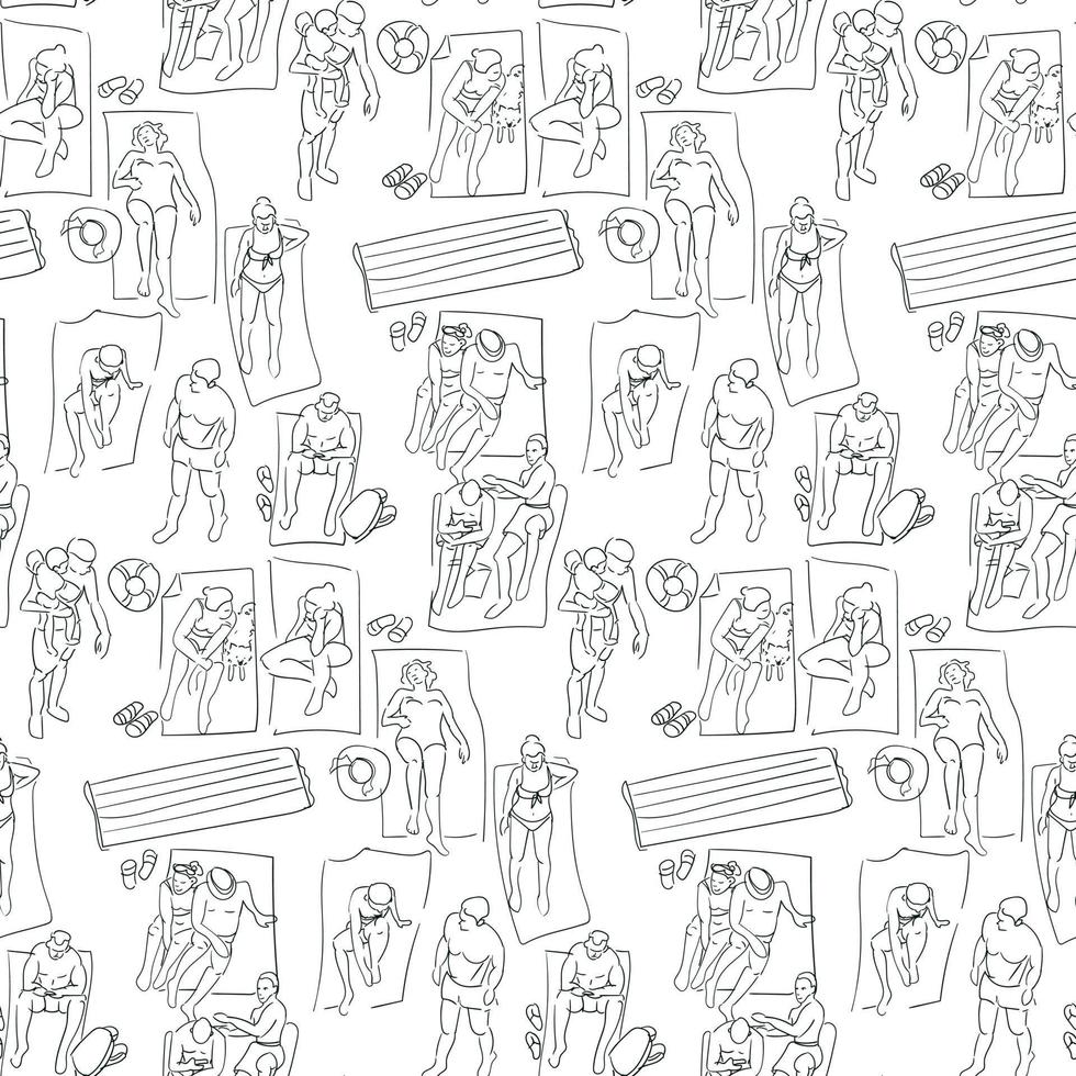 Vector pattern with people sunbathing on the beach in trendy flat style. A linear outline as a sketch on a white background. A small sketch for the background. printing on textiles and paper