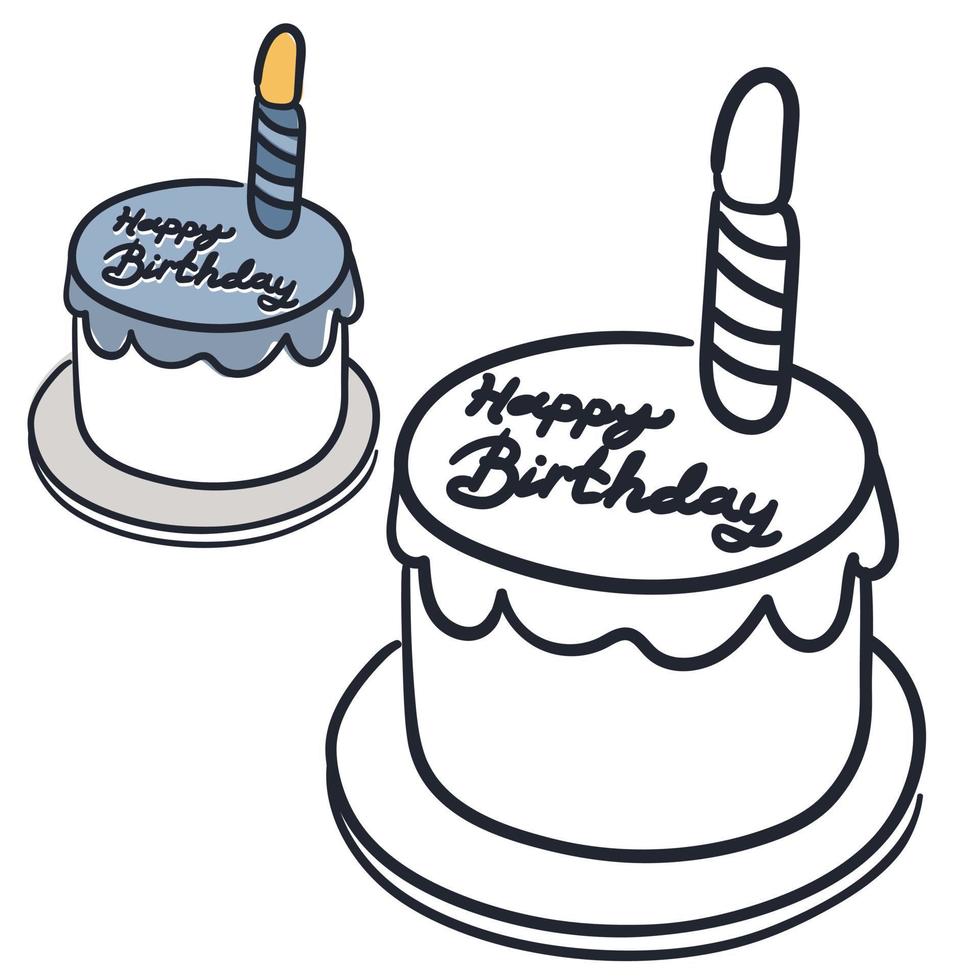 Coloring book with a cute cartoon cake with an example for coloring. Monochrome and color versions. Vector illustration. A simple cake with a bright outline. Cute coloring book for kids.