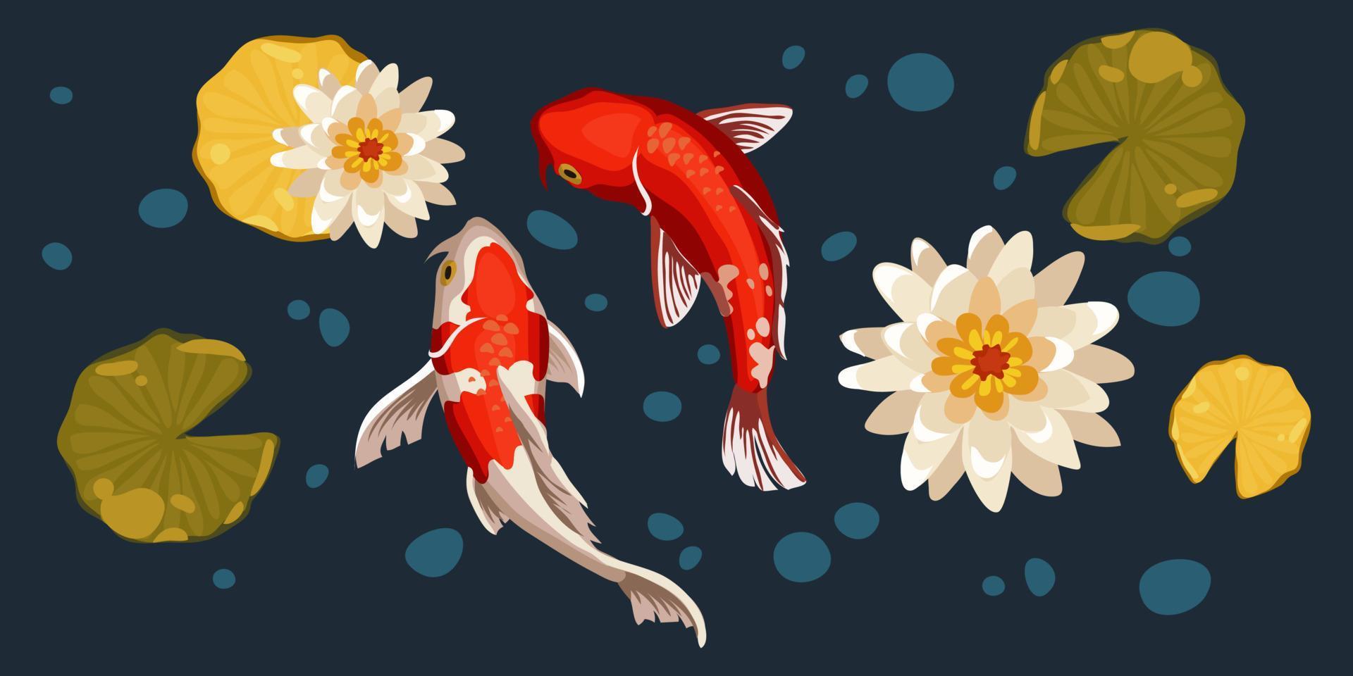 A set of orange koi fish, lily buds and leaves on a blue background with bubbles. Asian set of floating carp, fish design in oriental Japanese style. Carp swims. Collection of fish in the pond. vector