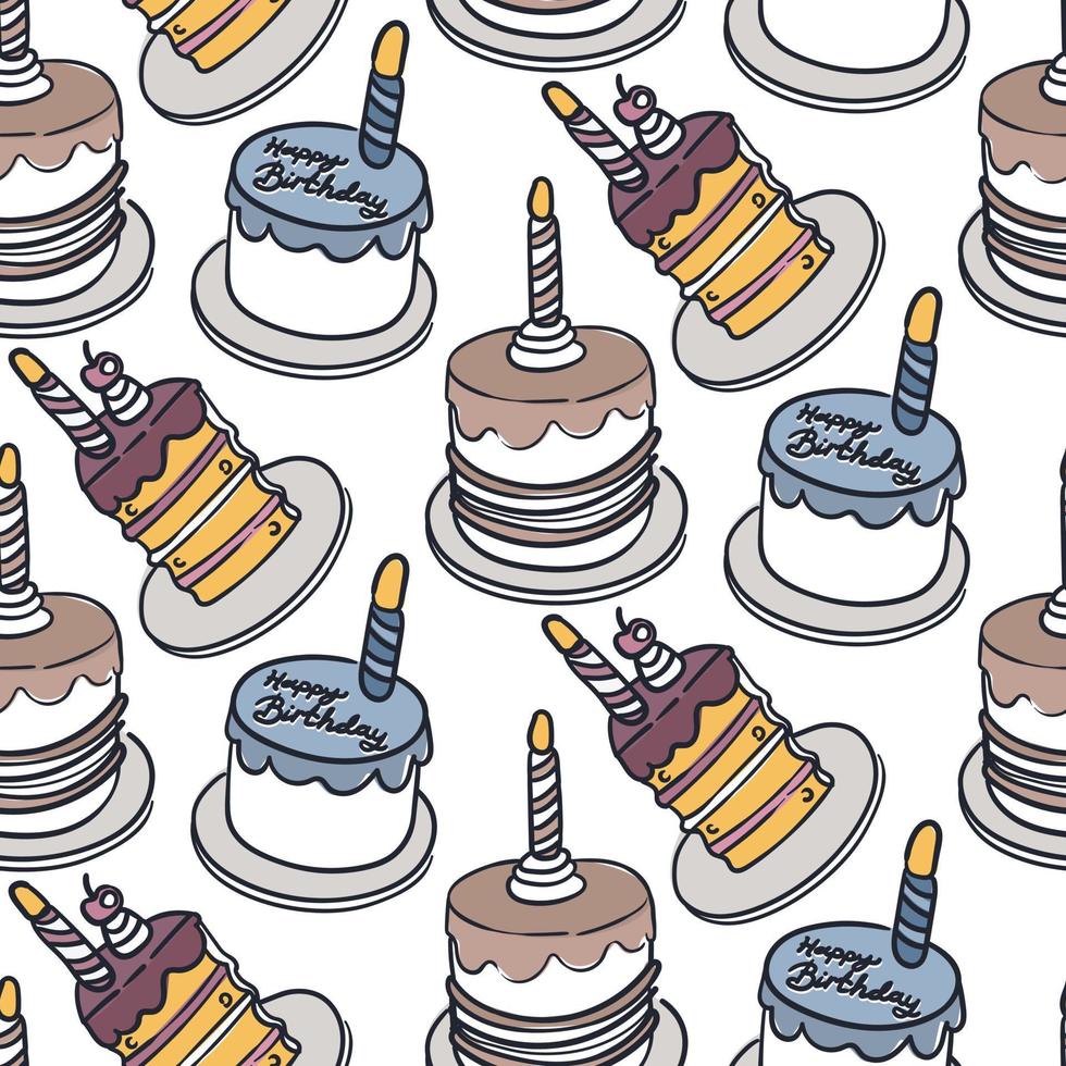 A pattern of colored birthday cakes with a contour with candles and cupcakes. Cute contour elements of birthday cakes. Funny dessert background for postcard, poster, print design. Holiday gift vector