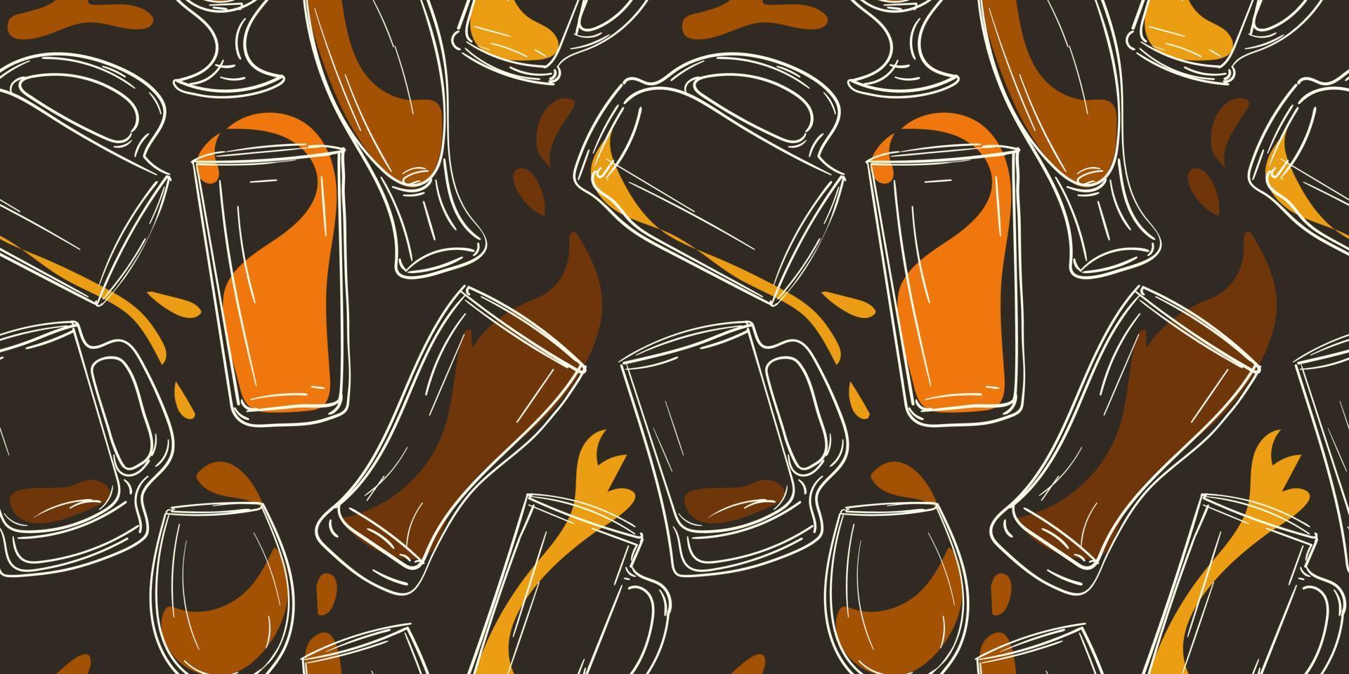 A pattern of beer glasses, mugs with beer varieties. Graphics on a dark background. Vintage vector illustration for poster printing, party invitations. Glass mugs with the effect of pouring beer