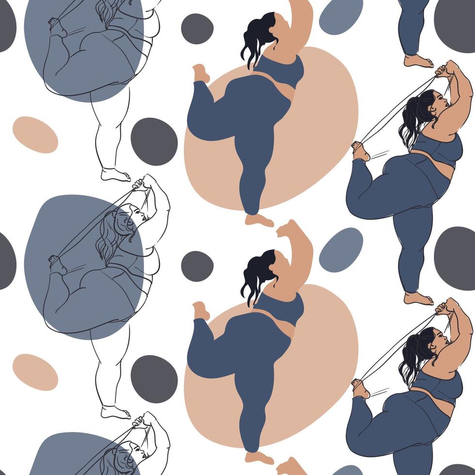 A pattern where a beautiful plump woman in a tracksuit does stretching. Contour, contour and color, the color of a large woman with spots on the background. Bodypositive female body. Printing on paper vector