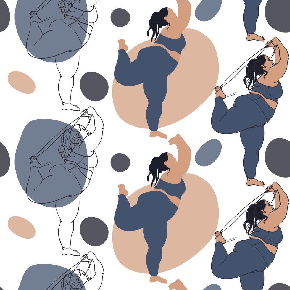 A pattern where a beautiful plump woman in a tracksuit does stretching. Contour, contour and color, the color of a large woman with spots on the background. Bodypositive female body. Printing on paper vector