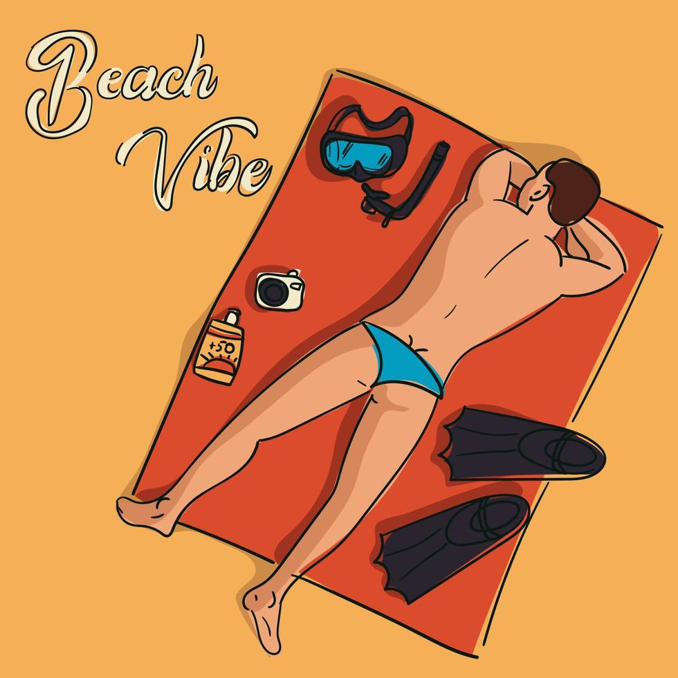 Beach vibe, a handsome man sunbathing in the sun. Vector design of a summer poster in a simple style. Contour illustration with a color image of an athletic man with a mask and fins lying on the sand