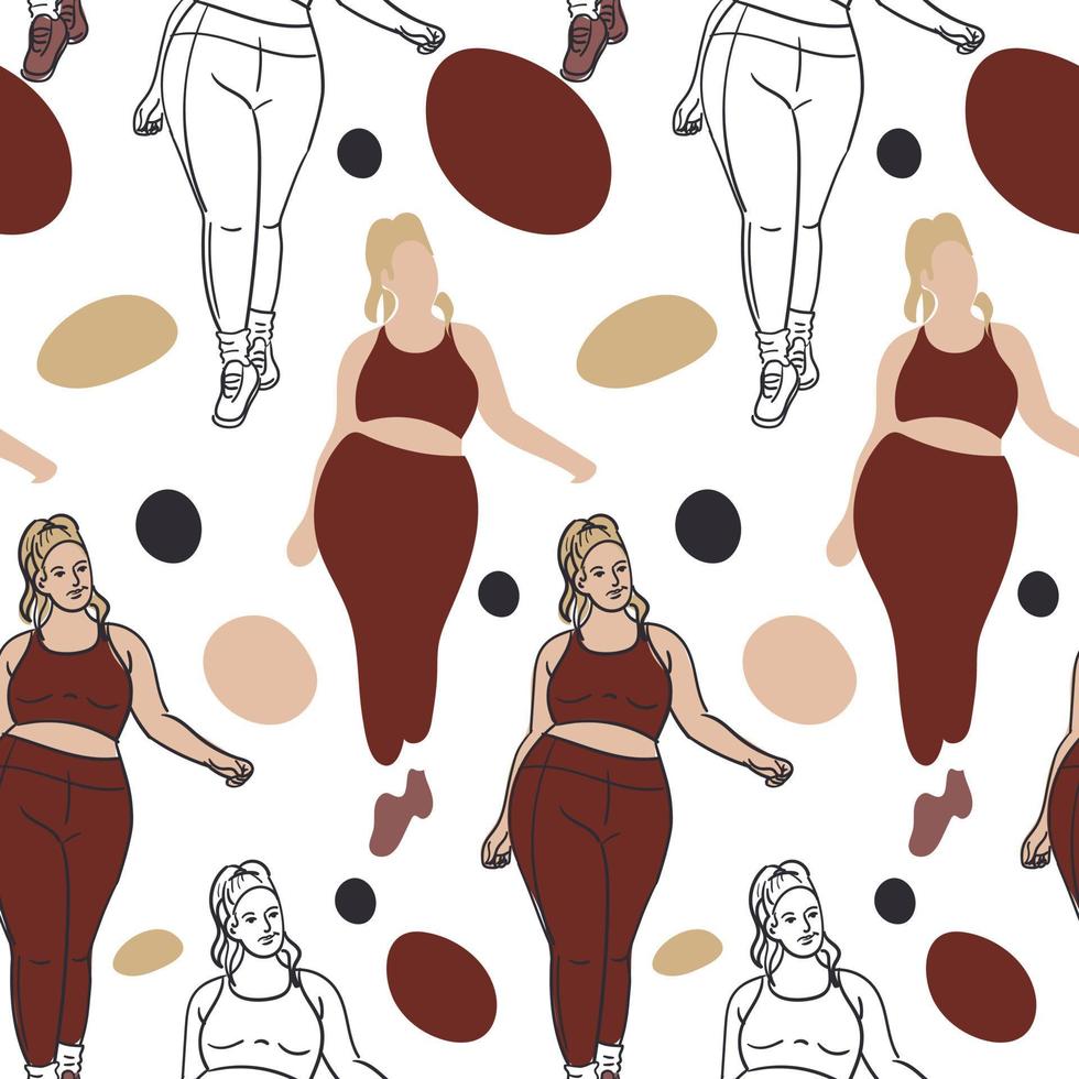 A pattern where a beautiful plump woman in a tracksuit does stretching. Contour, contour and color, the color of a large woman with spots on the background. Bodypositive female body. Printing on paper vector