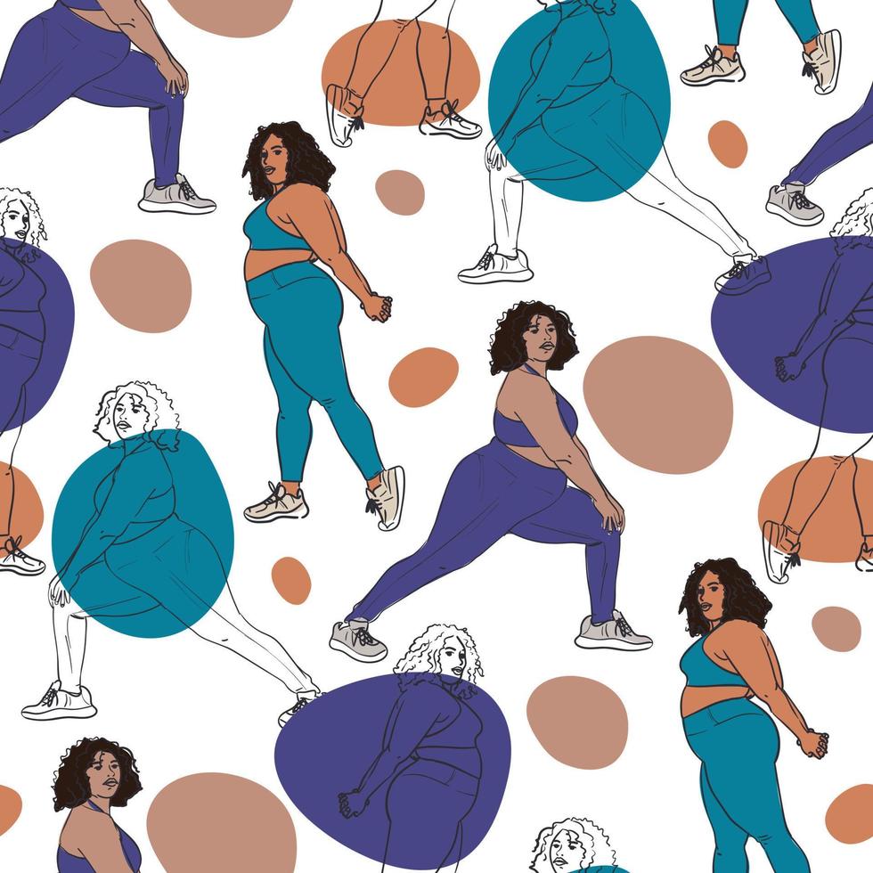 A pattern where a beautiful plump woman in a tracksuit does stretching. Contour, contour and color, the color of a large woman with spots on the background. Bodypositive female body. Printing on paper vector