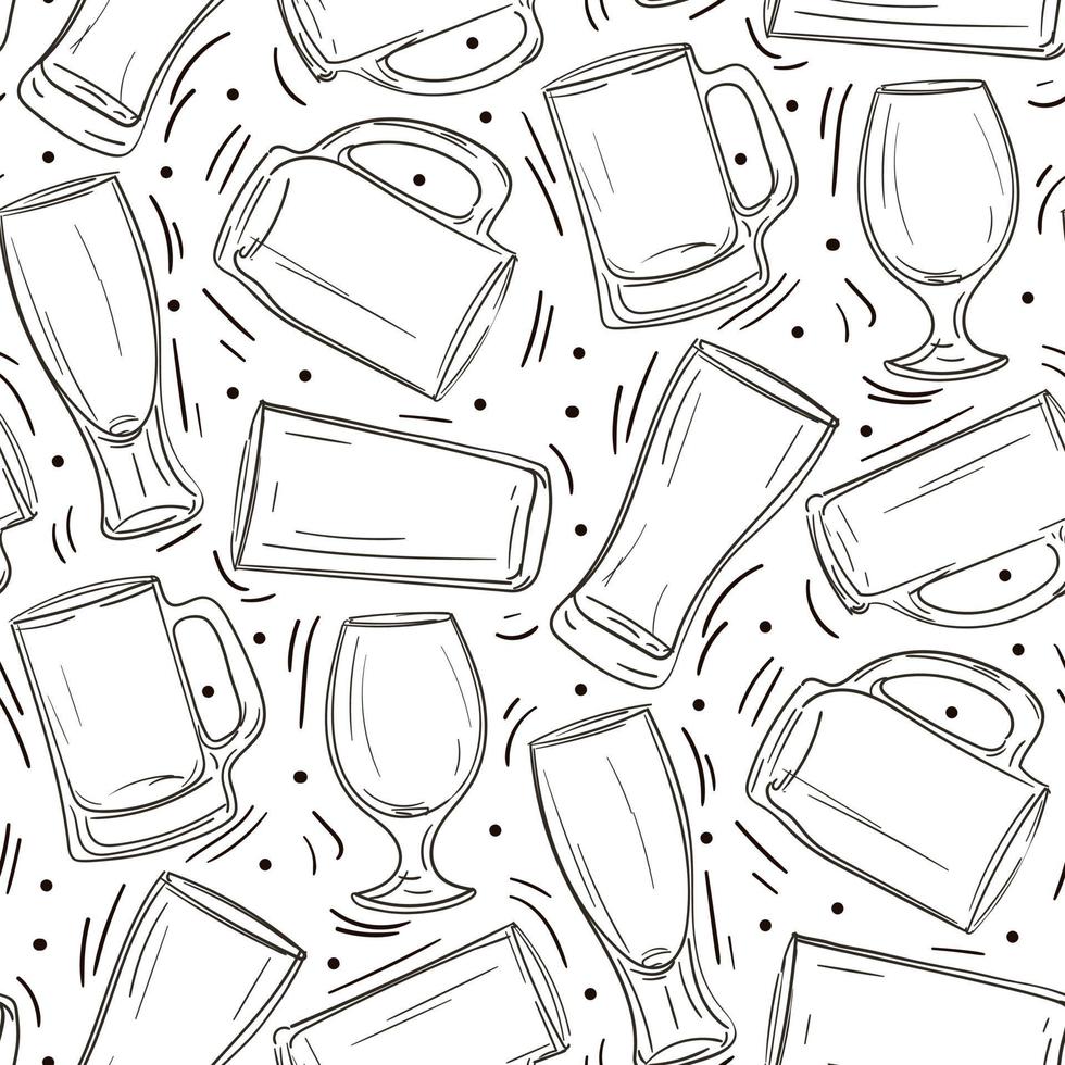 A pattern of beer glasses, mugs. Graphics on a white background. Vintage vector engraving for the internet, poster, party invitation. A hand-drawn design element highlighted on a dark background.