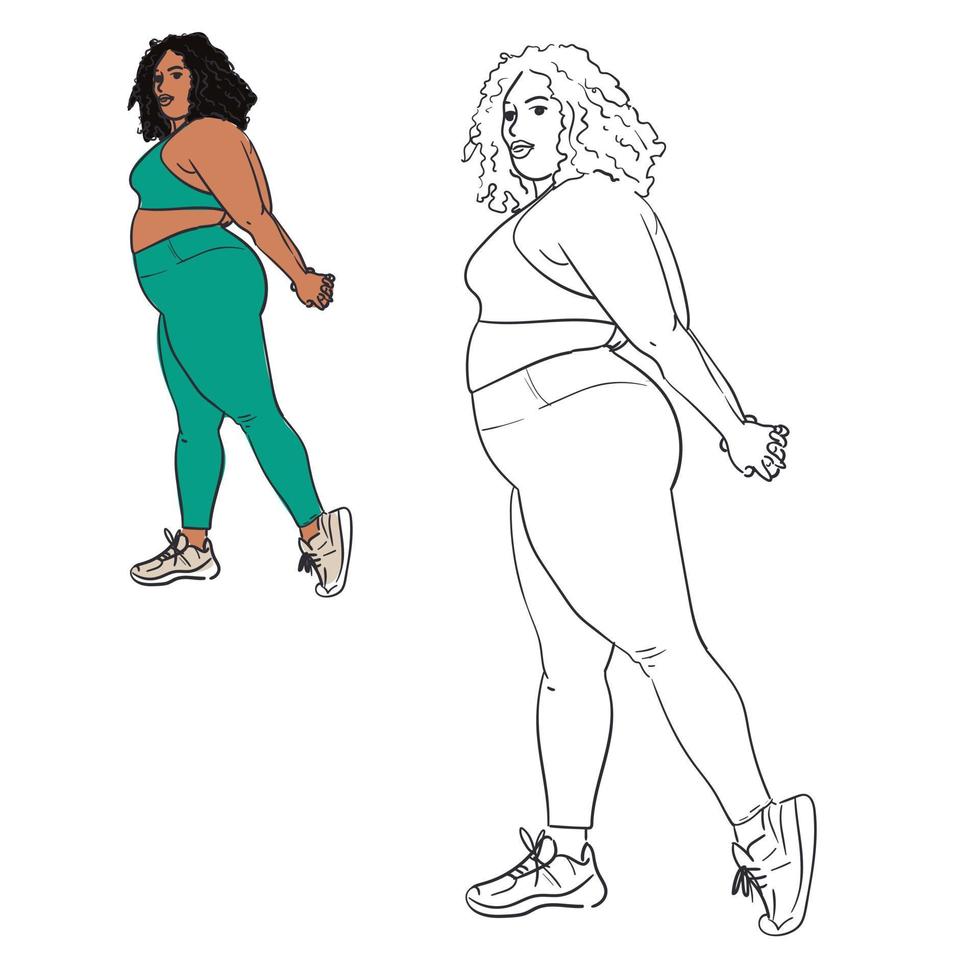 The outline of a full female figure in a tracksuit is engaged. Outline of a silhouette of a large woman in underwear. Bodypositive female body. Vector illustration. Color and contour illustration