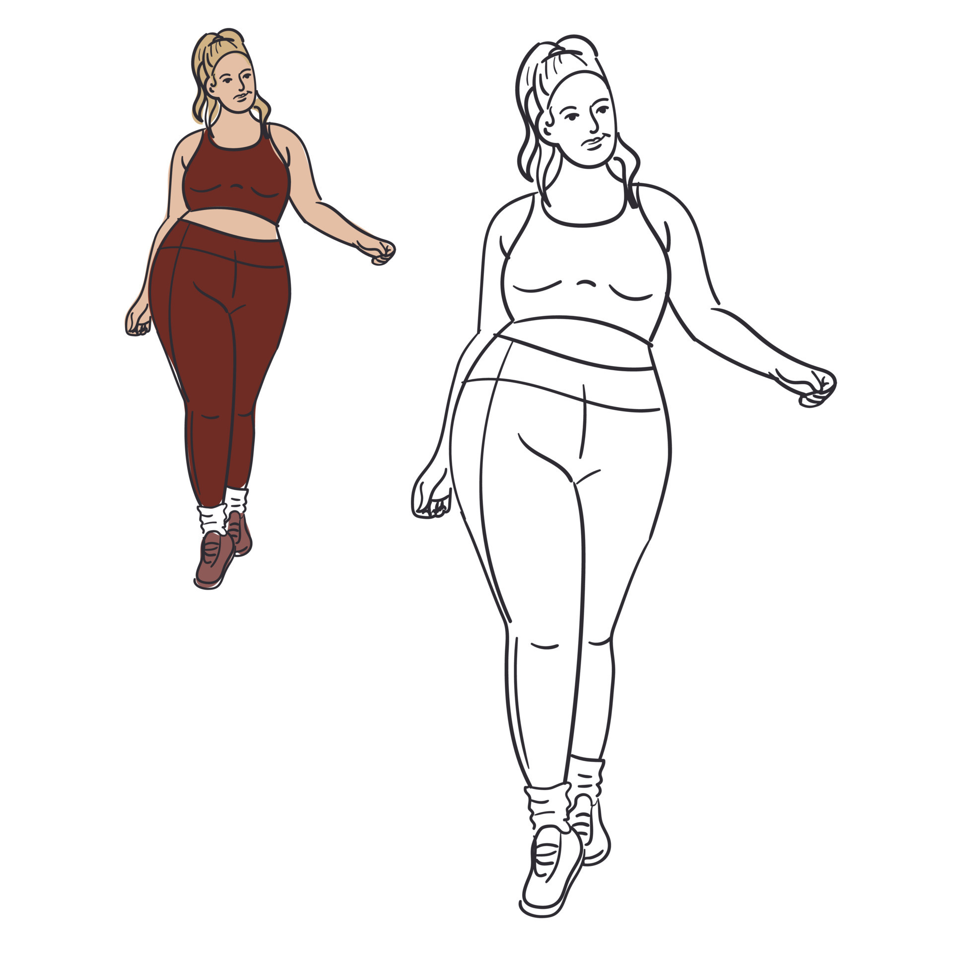 The outline of a full female figure in a tracksuit is engaged. Outline of a  silhouette of a large woman in underwear. Bodypositive female body. Vector  illustration. Color and contour illustration 21018293