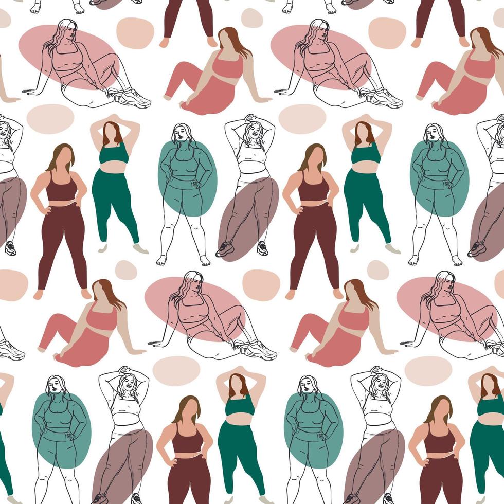 A pattern where a beautiful plump woman in a tracksuit does stretching. Contour, contour and color, the color of a large woman with spots on the background. Bodypositive female body. Printing on paper vector