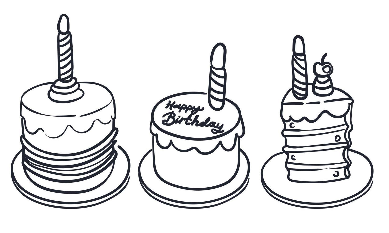 conjunto vectorial en blanco y negro con pasteles de cumpleaños, velas y pastelitos. linda comida de contorno o elementos de barra de caramelo. divertida ilustración de postre para tarjeta, afiche, diseño de impresión. iconos de línea de vacaciones. vector