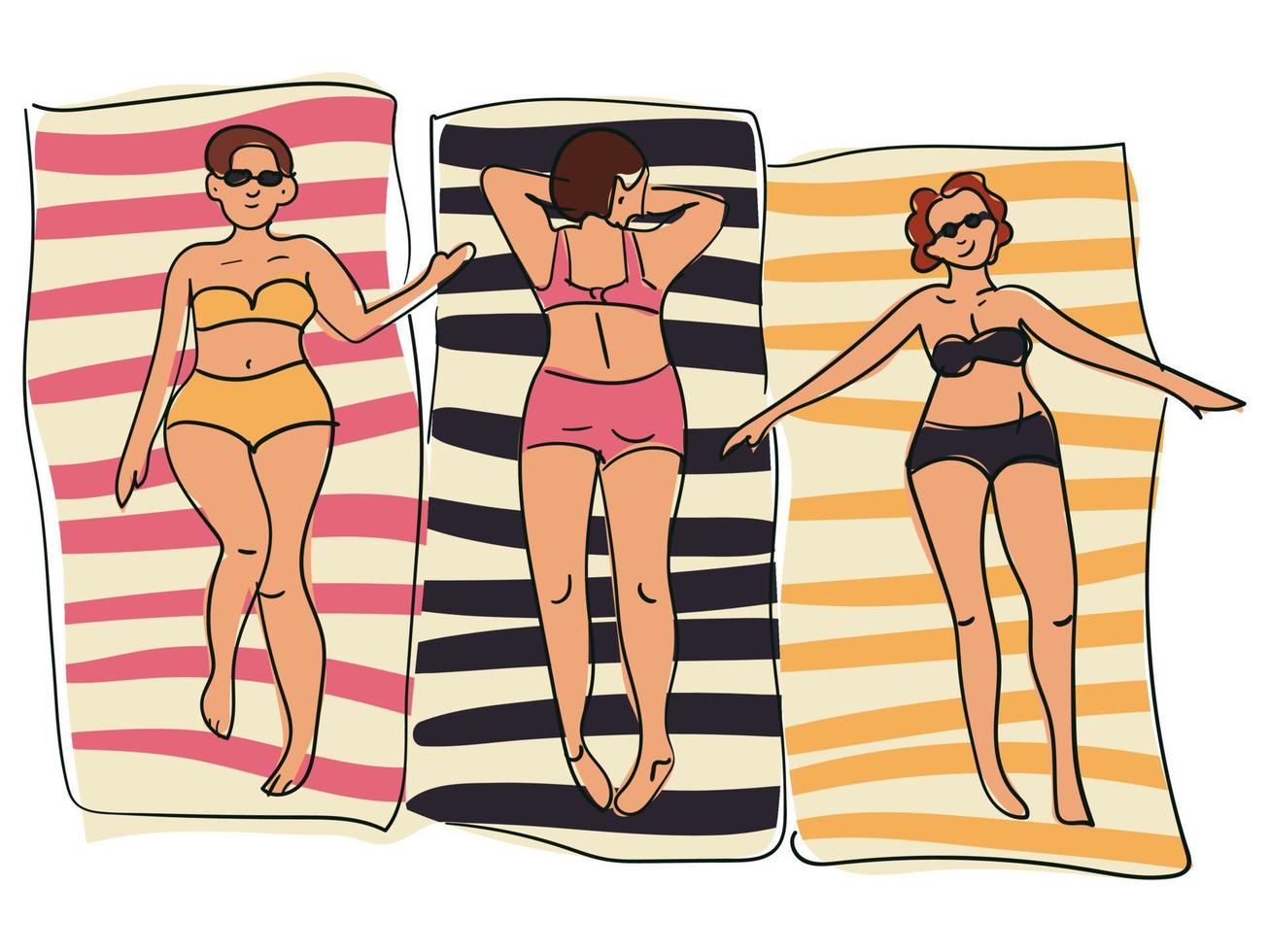 A set of girls sunbathing on striped towels in the style of sketches with color. Color illustrations of girls on the beach. A small sketch for the background. Beach vibe, relax vector