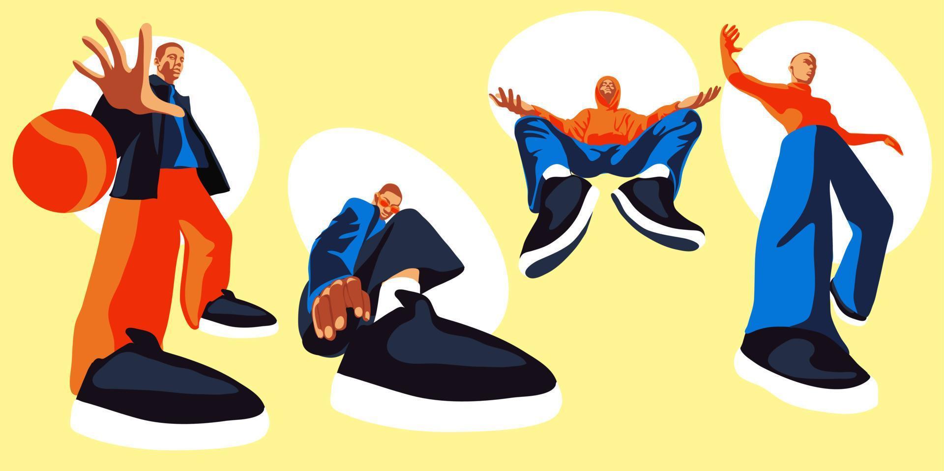 A set of stylish guys-fashionistas in bright colors. Fashionable different guys in sneakers in different poses. Juicy modern guys in stylish clothes with elongated body parts. An inverted perspective. vector