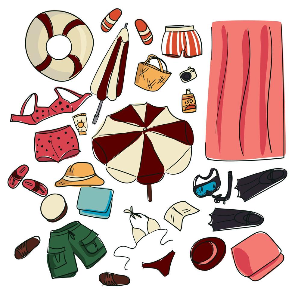 A set of things on the beach with a sketch of Thiele with color. Simple details in contour style. Quick sketches of things, objects, clothes. A set of beach accessories in the doodle style vector