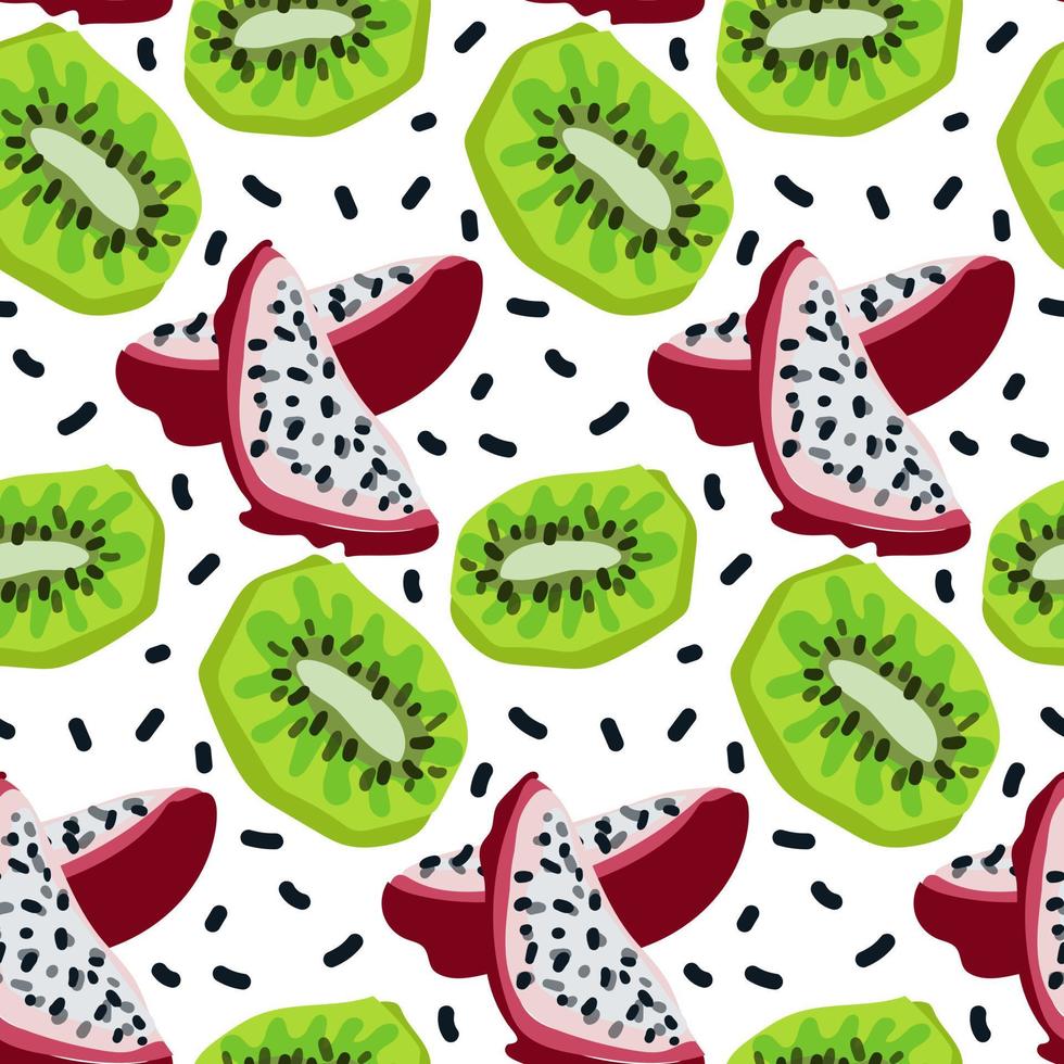 Vector seamless pattern with tropical fruits. A healthy dessert. Fruit background. Dragon fruit and kiwi. Packaging, exotic food market advertising, wallpaper, summer banner. Summer vibe