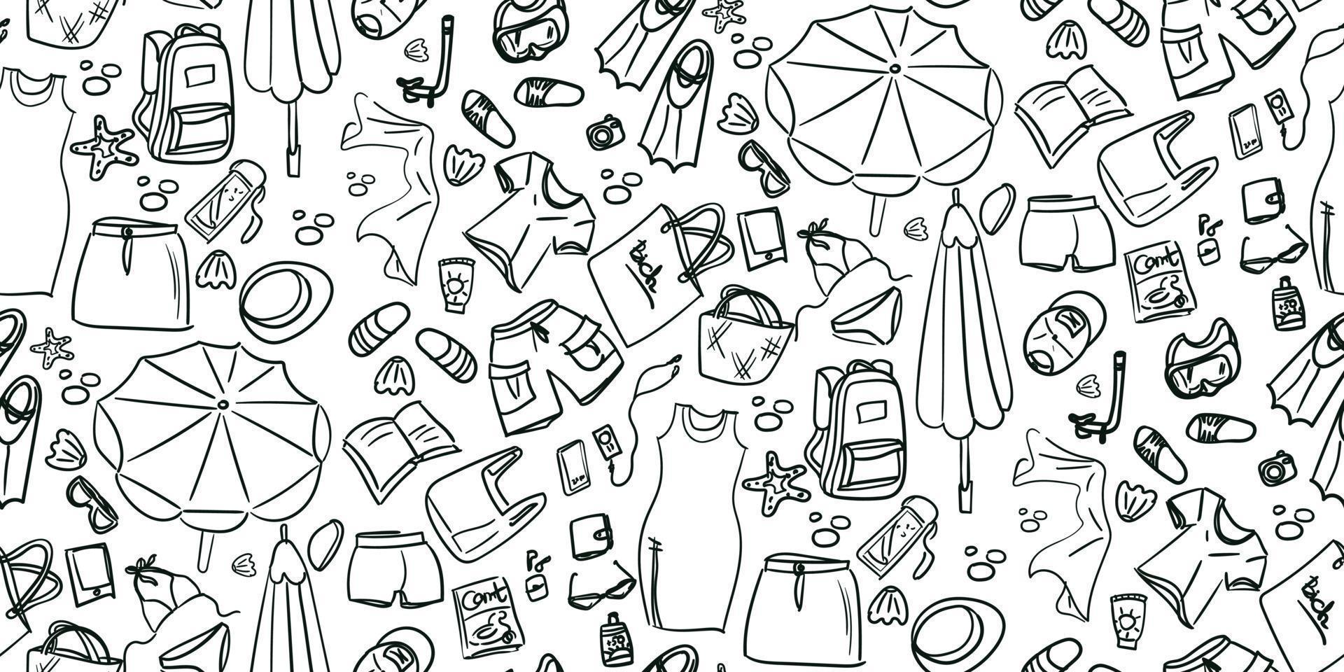 A pattern from a set of things on the beach with a sketch of Thiele. Simple details in contour style. Quick sketches of things, objects, clothes. The background of beach accessories in the a doodle vector