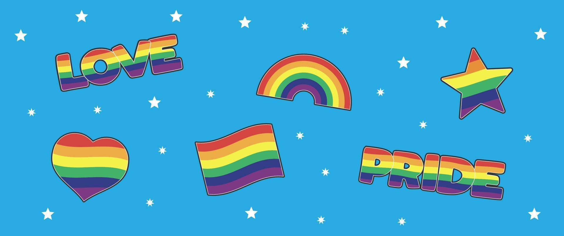 conjunto de lgbtq comunidad pegatinas con bandera, estrella y corazón formas con arco iris colores. orgullo mes símbolos y eslogan. gay desfile iconos vector