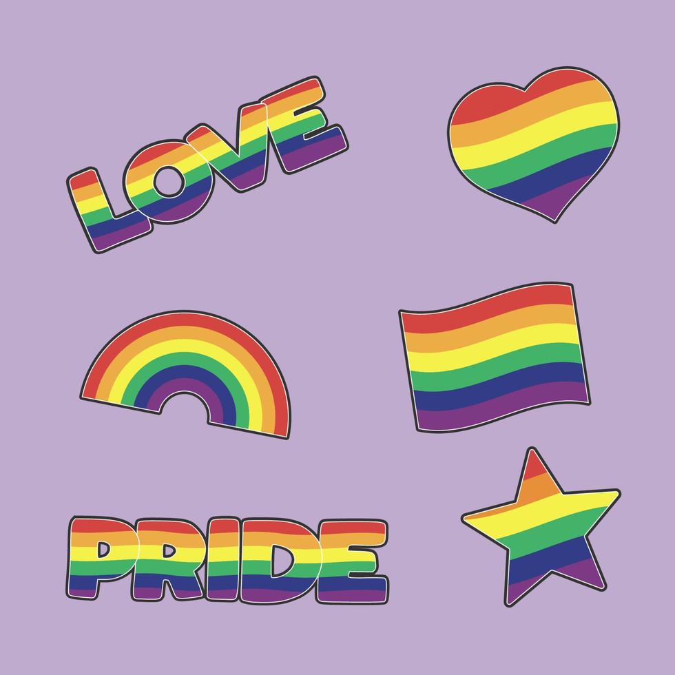 Set of LGBTQ community stickers with flag, star and heart shapes with rainbow colors. Pride month symbols and slogan. Gay parade icons. vector