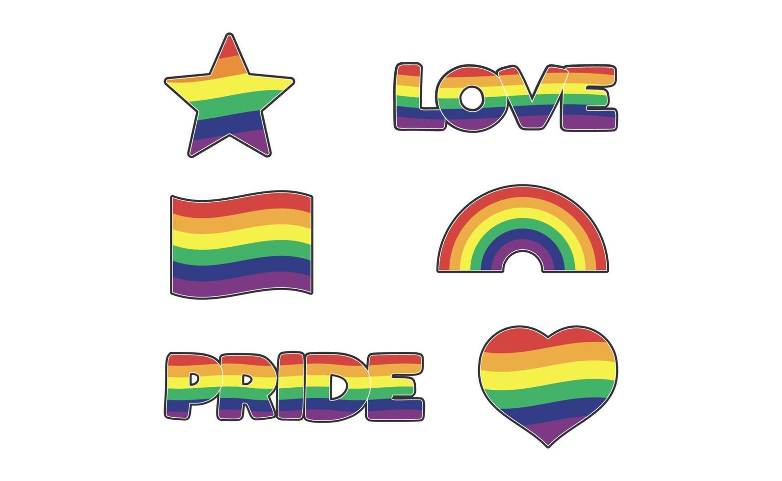 Set of LGBTQ community stickers with flag, star and heart shapes with rainbow colors. Pride month symbols and slogan. Gay parade icons. vector