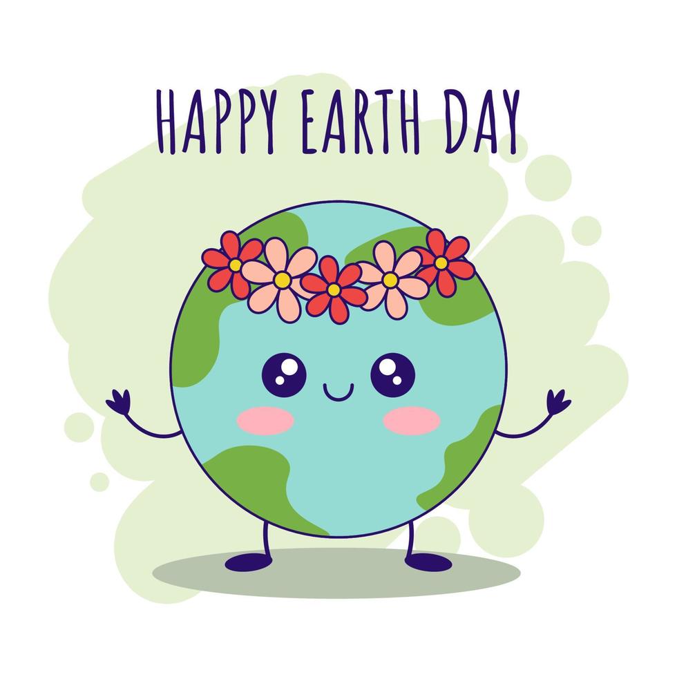 Cute cartoon kawaii earth character on a green background. Happy Earth day greeting card. Hand drawn doodle vector illustration.