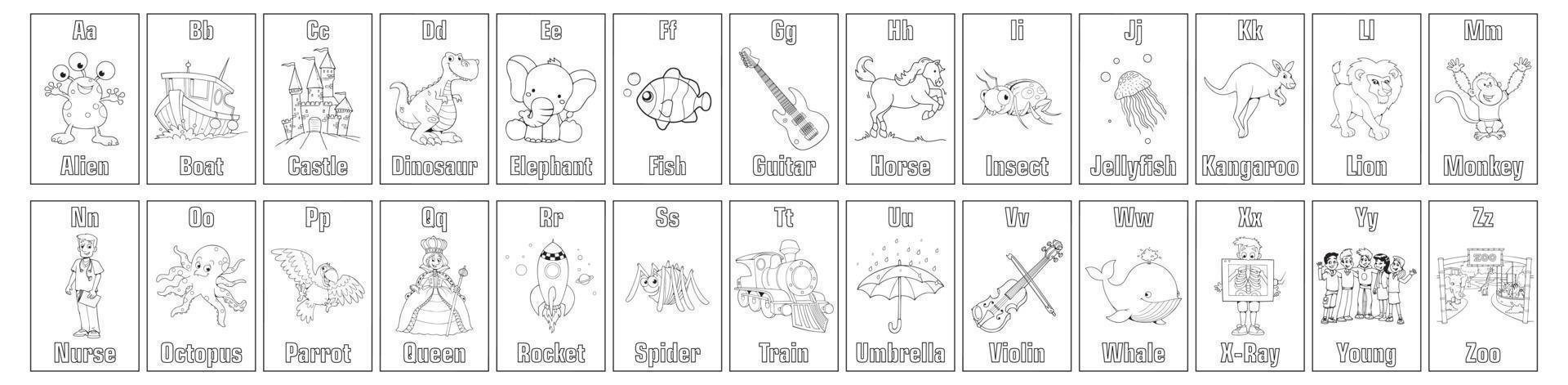 Kids alphabet coloring book page with outlined clip arts to color. Letter A to Z vector