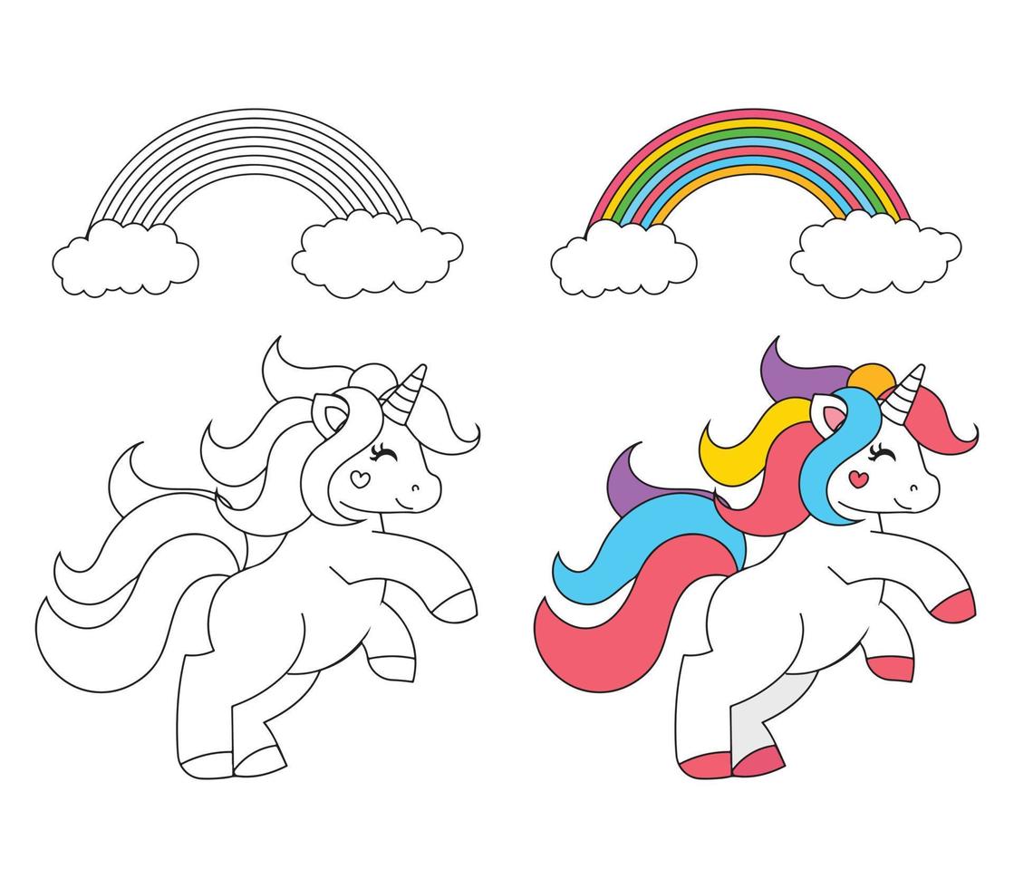 vector ilustración de unicornio y arcoíris. adecuado para colorante libro, colorante páginas, póster, antecedentes. pegatina, etc