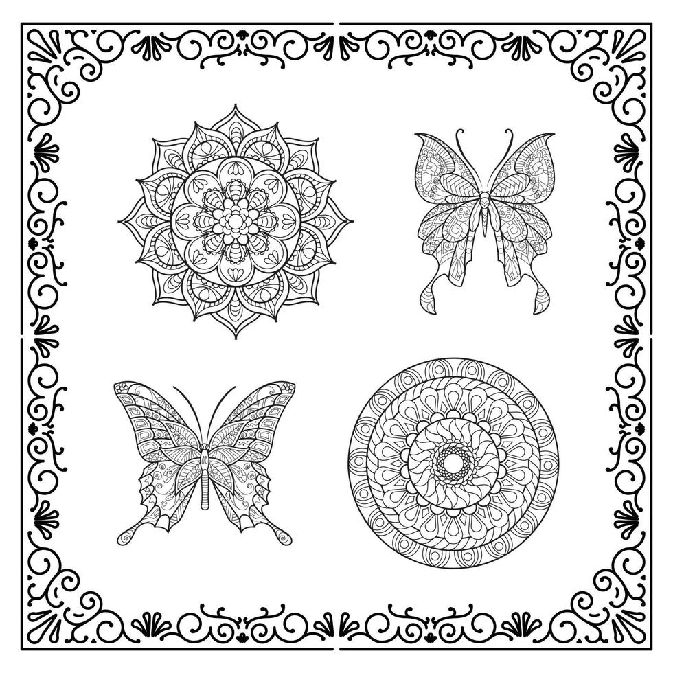 colección de monocromo étnico mandala diseño en el forma de mariposas anti estrés colorante página para adultos vector