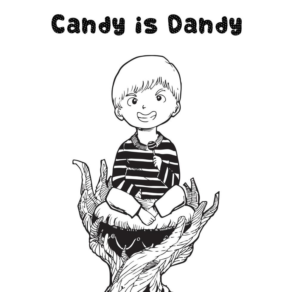 Vector illustration of an original character. A smiling boy is sitting on a piece of wood holding a candy with inspirational words 'candy is dandy'