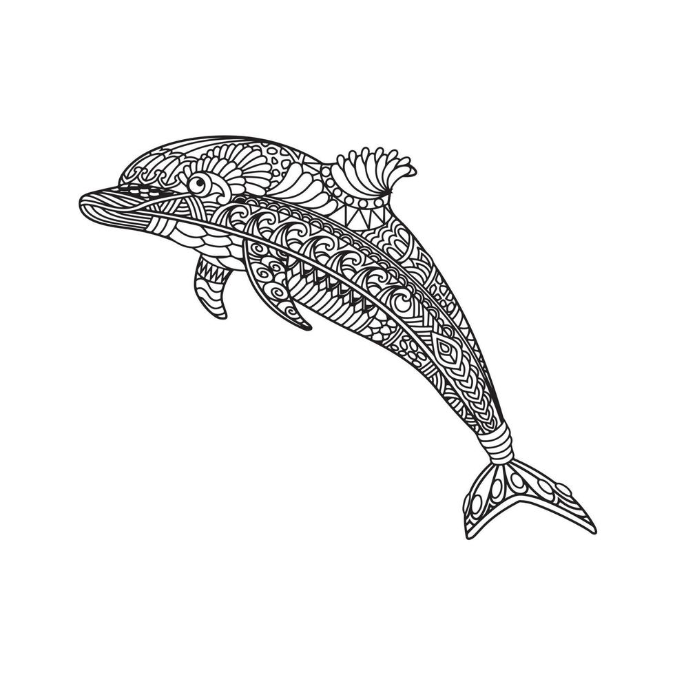 Dolphin coloring book for adults vector illustration. Anti-stress coloring for adults. Tattoo stencil. Black and white lines. lace pattern