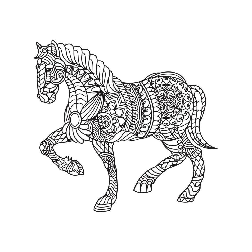 Horse coloring book for adults vector illustration. Anti-stress coloring for adults. Tattoo stencil. Black and white lines.