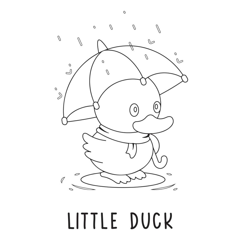 A little duck with an umbrella in the rain. Suitable for coloring book, coloring pages, background, sticker, poster, etc vector