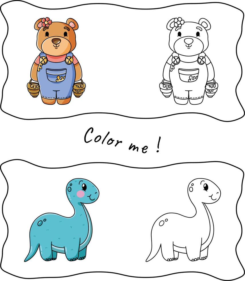 Line art of bear and dinosaur. Vector illustration for coloring book, coloring pages, etc