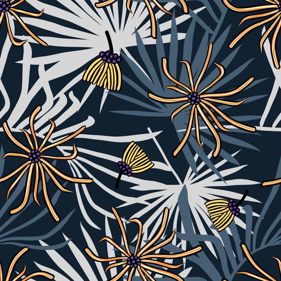 Tropical exotic leaves and flower vector seamless pattern. Jungle foliage illustration. Botanical illustration on dark background.