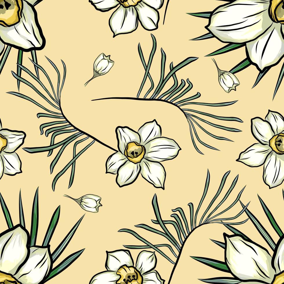 Tropical exotic leaves and flower vector seamless pattern. foliage illustration. narcissus flower, daffodil. Botanical illustration background.