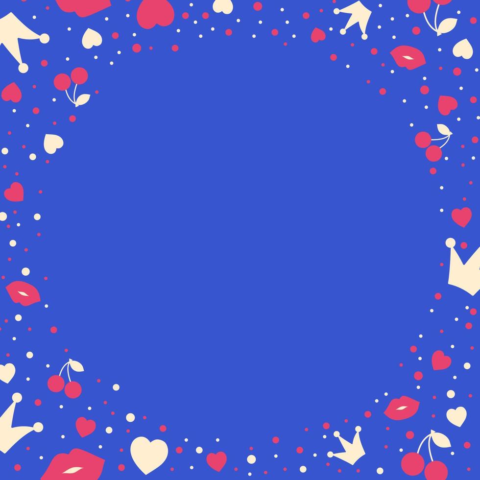 Universal template round shape frame with hearts, crowns, lips, cherry. Vector design on blue background.