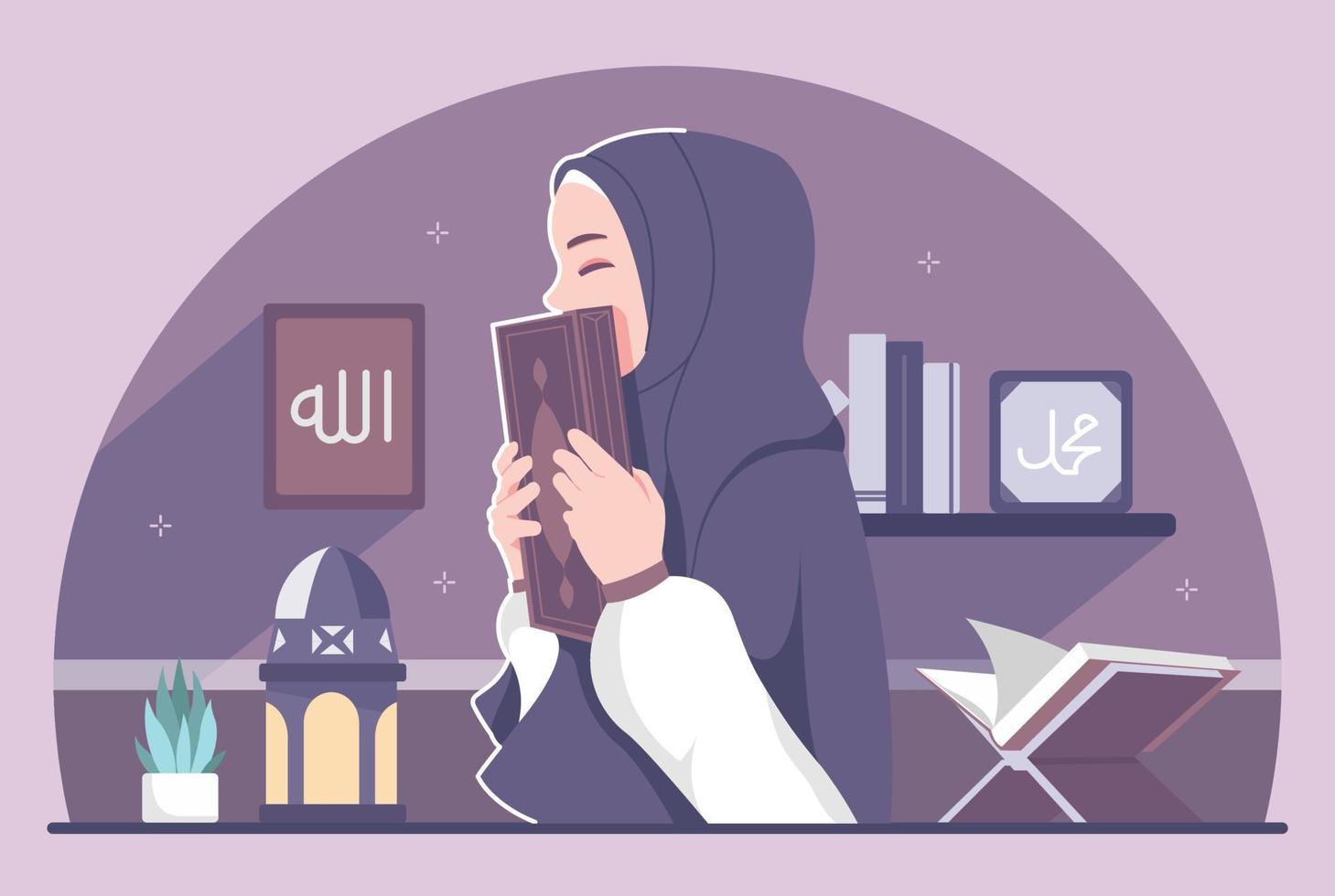 Islamic girl with Quran in the month of ramadan vector