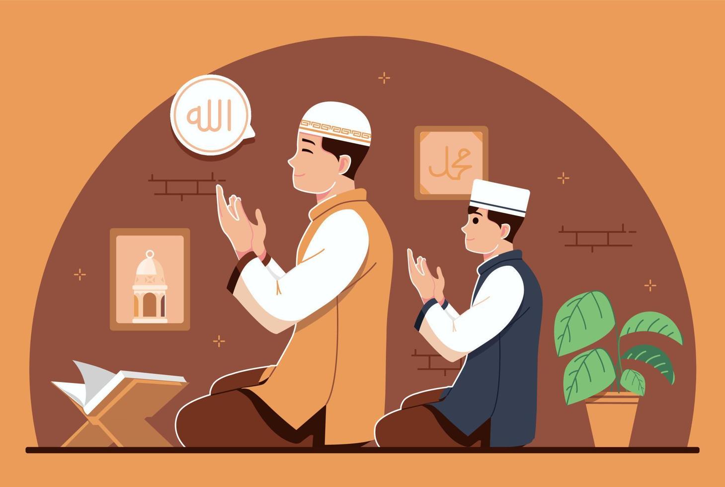 Islamic family praying together illustration vector