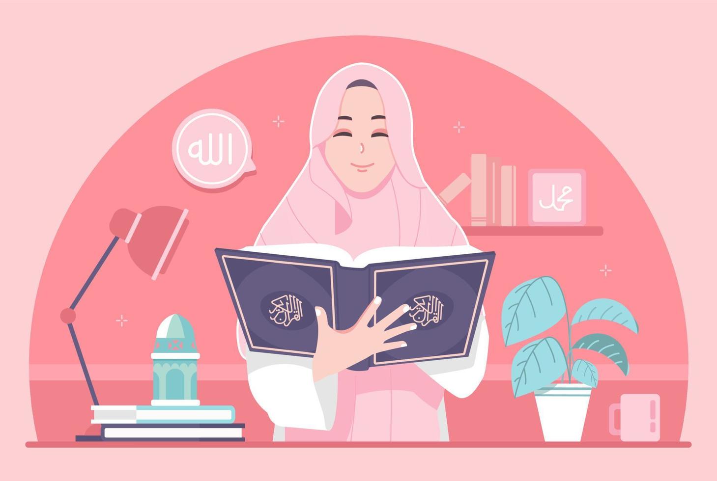 islámico niña leyendo Corán en el mes de Ramadán vector